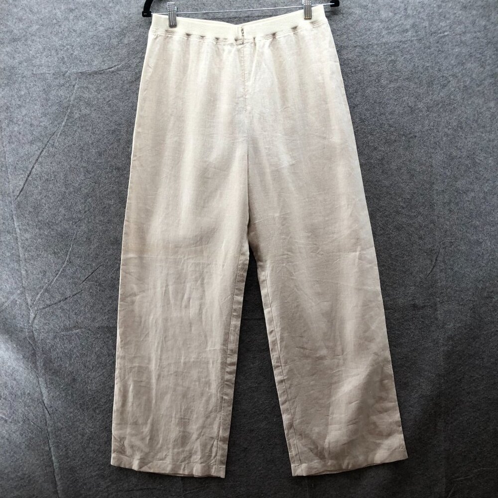 Vivid‎ 100% Linen Wide Leg Pants Womens 12 Beige High Rise Zip Resort Coastal